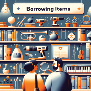 Two people looking over the items available for borrowing at their library.